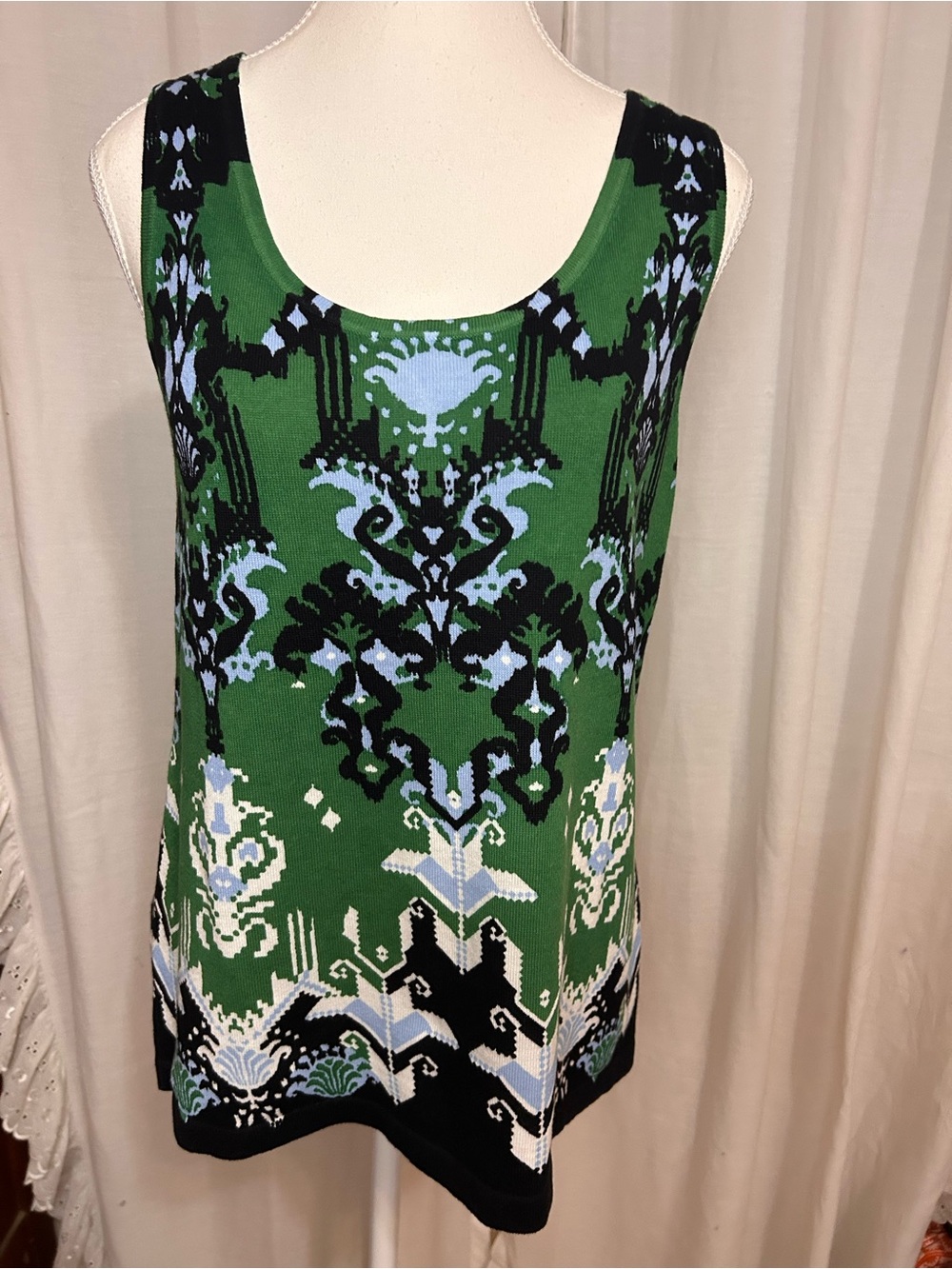 Chico's Women's Small Linen Blend Green Geo Print Tank Sweater Top Lightweight
